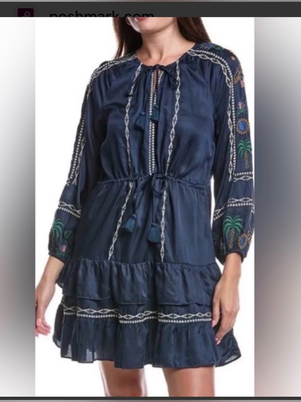Johnny Was Navy Embroidered Tiered Mini Dress SZ XS